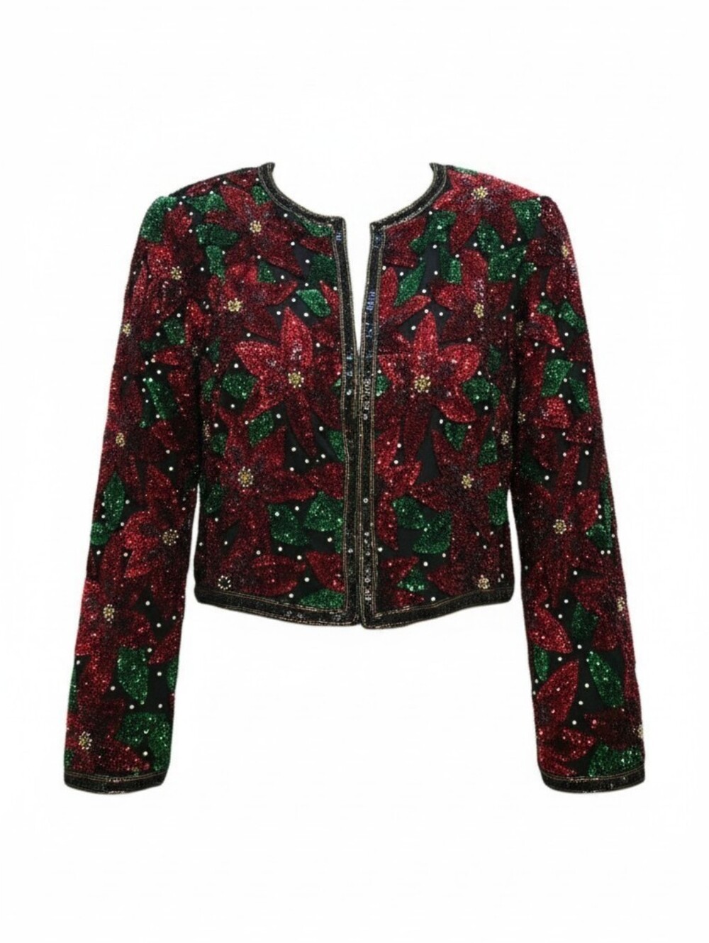 Laurence Kazar holiday poinsettia sequin and beaded silk cropped evening jacket.